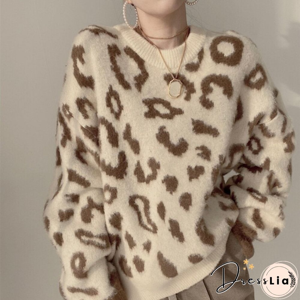 Streetwear Women Vintage Leopard Sweaters Pullovers Autumn Winter Fashion Harajuku Loose O-Neck Lazy Wind Korean Y2k Tops