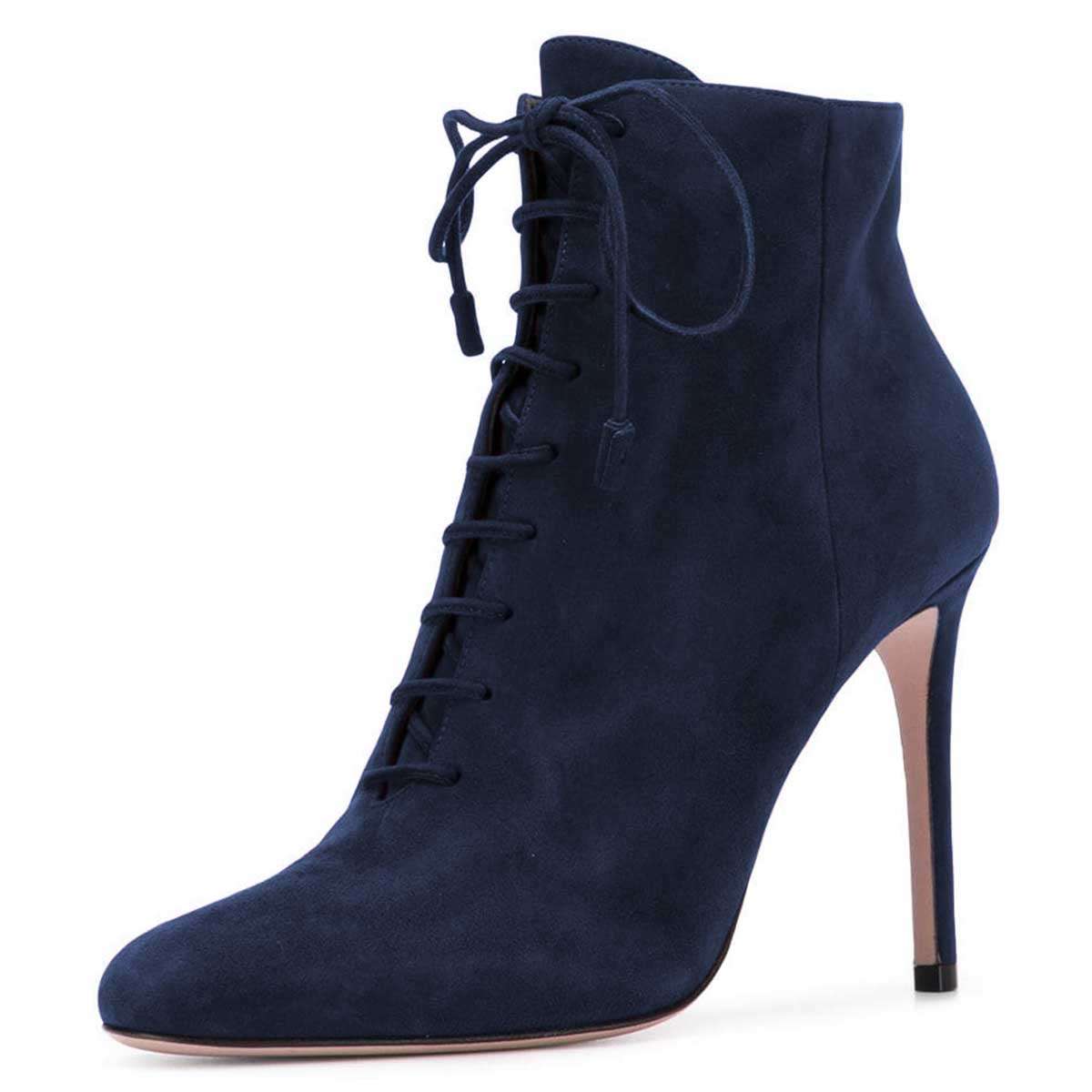 Navy Vegan Suede Almond Toe Lace Up Ankle Boots with Stiletto Heel