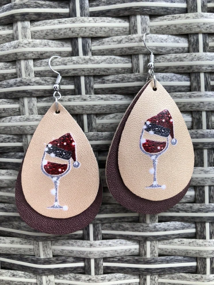2 Layered Christmas Hat and Wine Leather Earrings