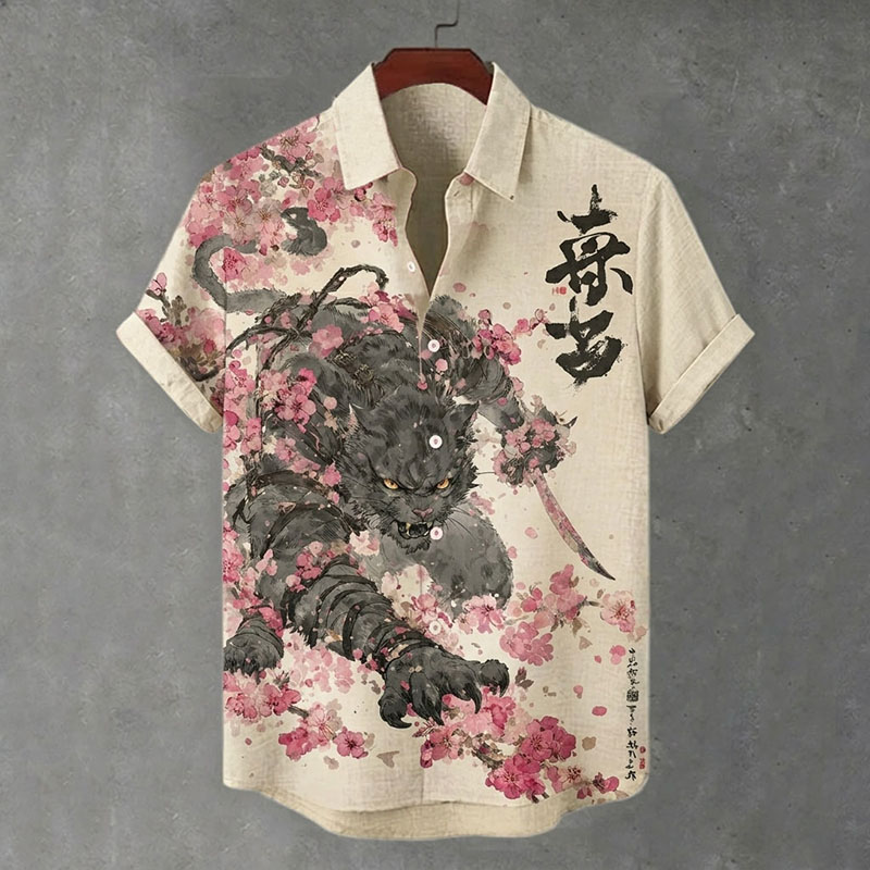 Comstylish Men's Dynamic Samurai Cat And Cherry Blossom Print Linen Shirt