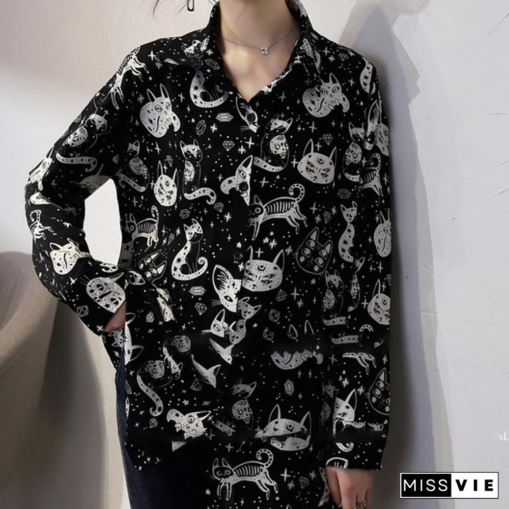 Cute Kitten Print Long Sleeve Shirt