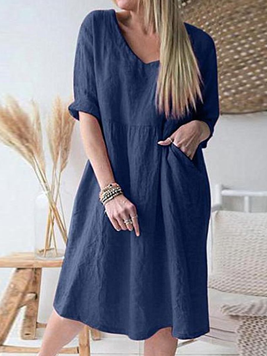 Casual Loose Solid Color V-Neck Short Sleeve Dress
