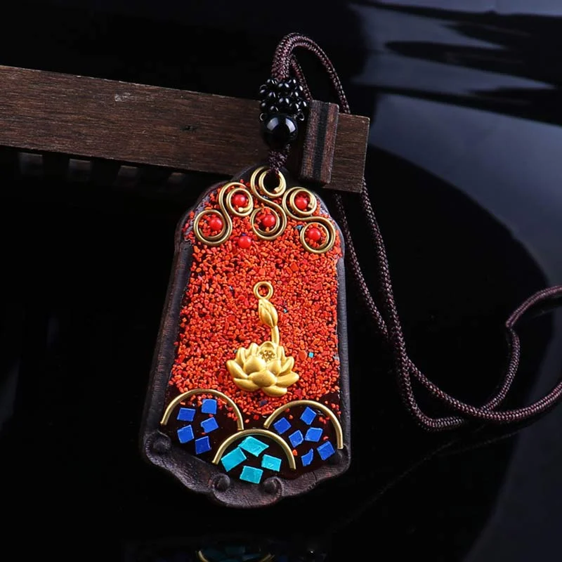 Ebony Wood Elephant Lotus Balance String Necklace Pendant