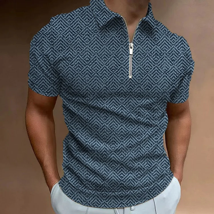 Daily Allover Pattern Stripe Zipper Lapel Short Sleeve Polo T-Shirt