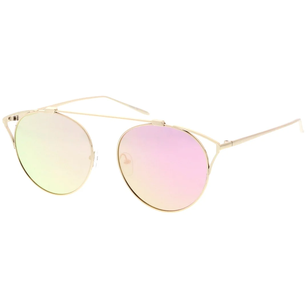 Modern Metal Cutout Cat Eye glasses With Crossbar Round Mirrored Flat Lens 55mm