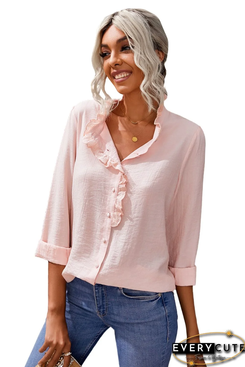 Pink Eyelet Ruffles Button Crinkled Shirt