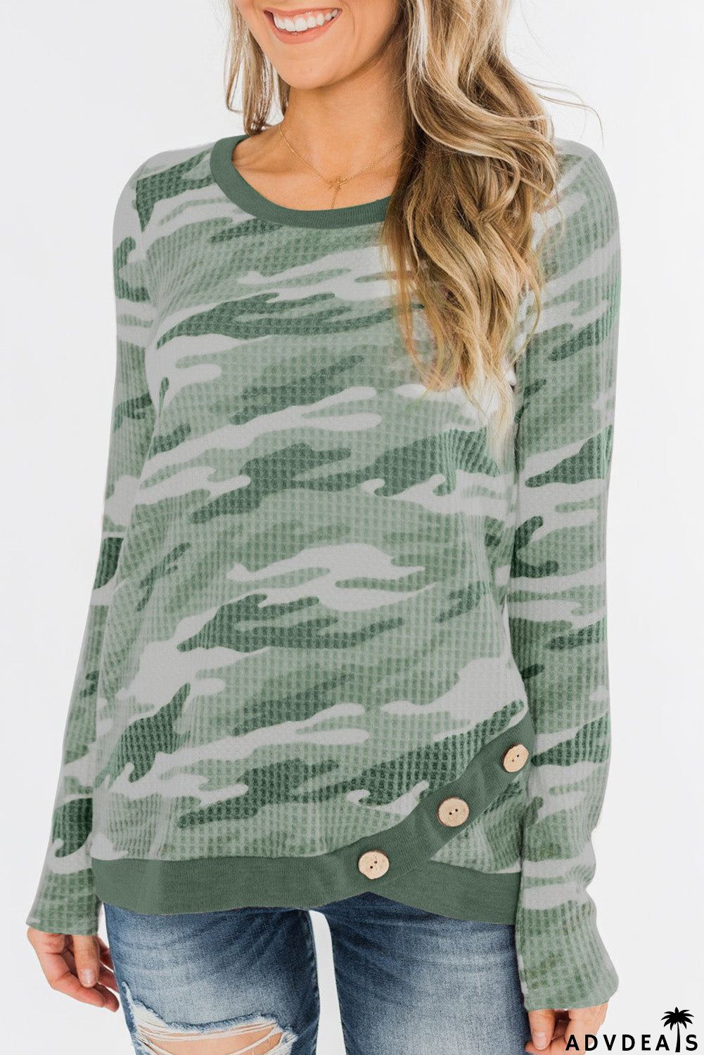 Camo Print Button Waffle Knit Long Sleeve Top