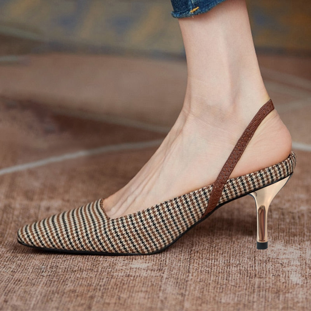 Brown Houndstooth Square Toe Kitten Heel Vintage Slingback Pumps Nicepairs