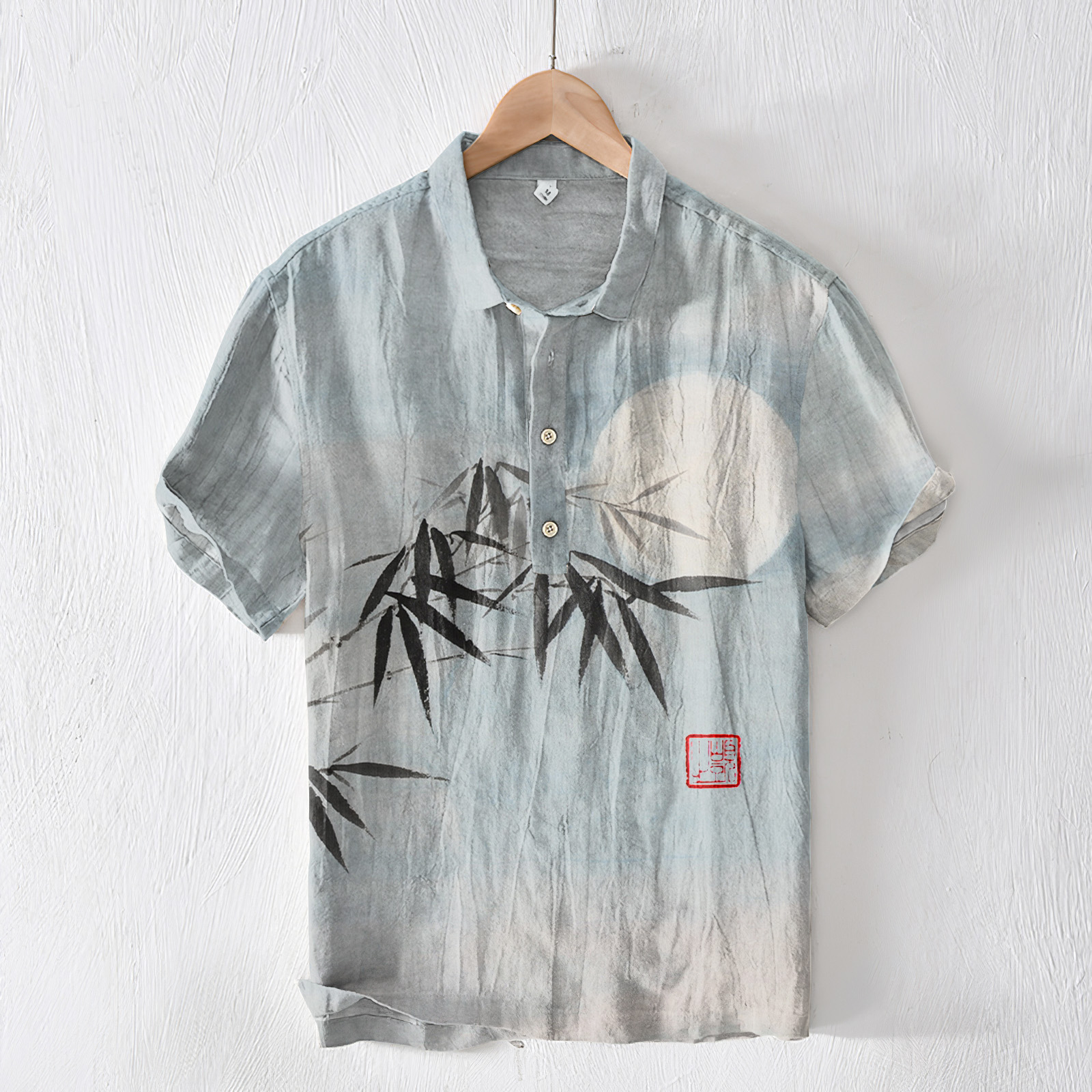 Bamboo & Moon Japanese Art Linen Blend Lapel Cozy Shirt wearshes