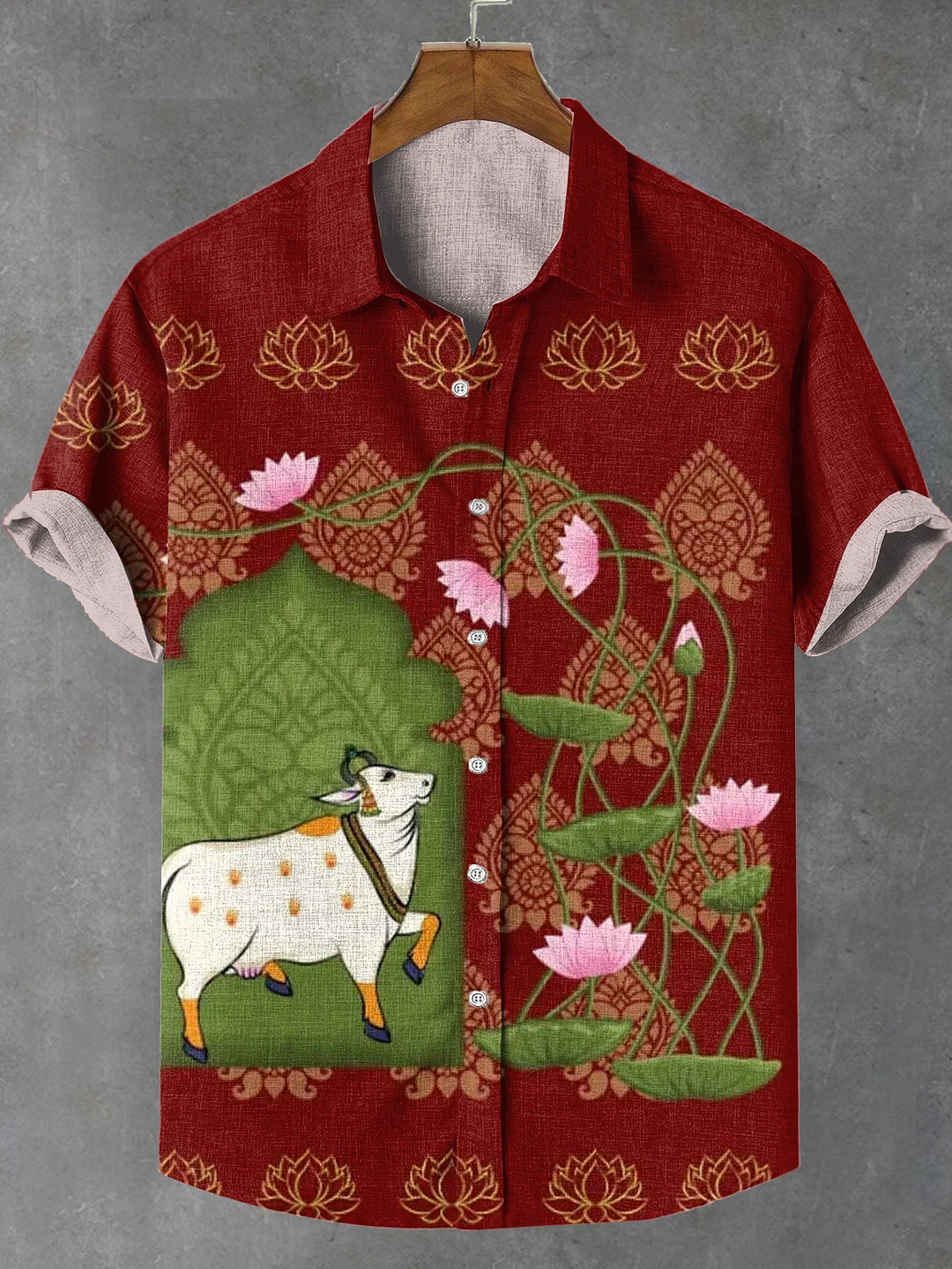 Men's Indian Folk Lotus Indian Pichwai Spiritual Art Print Linen Blend Shirt