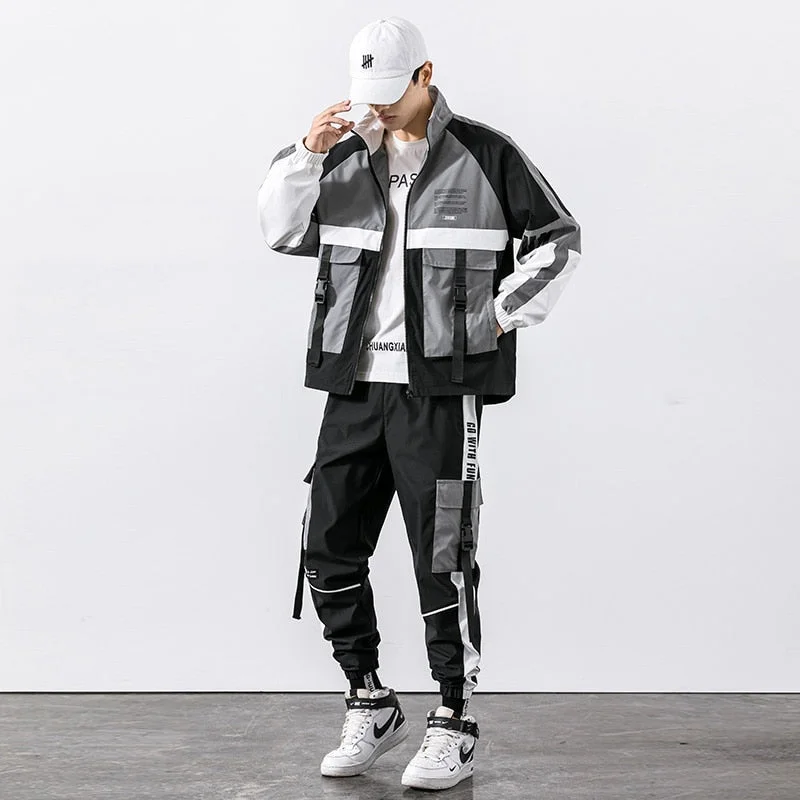 Back to college 2022 Hip Hop Workwear Jacket Mens Tracksuit Jacket+Pants 2PC Sets Baseball Loose Zipper Ribbons Coat & Long Pants Mens Clothing
