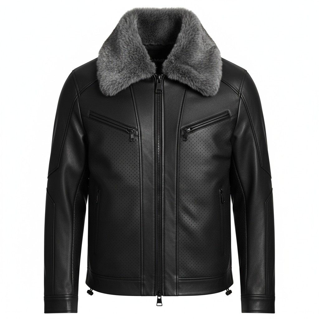 thesupersurf Black Leather Jacket with Fur Collar 