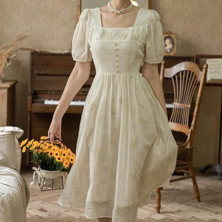 Fairy Tales Aesthetic Square Neckline Puffy Sleeve Embroidered Dress QueenFunky