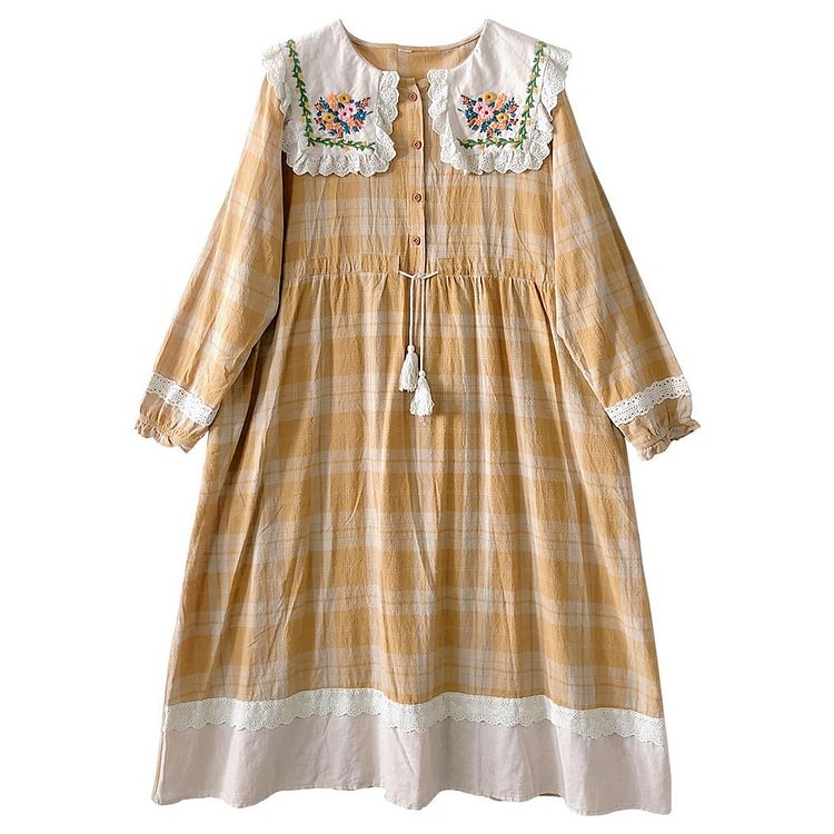 Queenfunky cottagecore style Cute Embroidered Flower Collar Dress QueenFunky