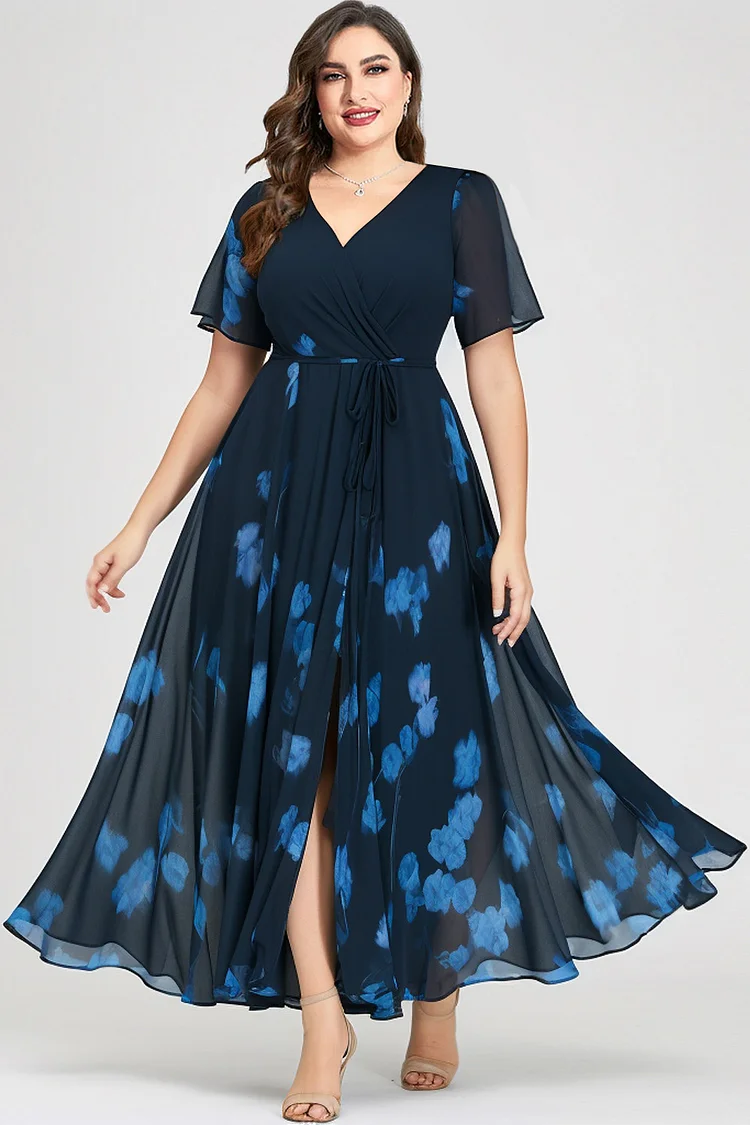 Flycurvy Plus Size Casual Navy Blue Chiffon Floral Print Lace-Up Split Maxi Dress  Flycurvy [product_label]
