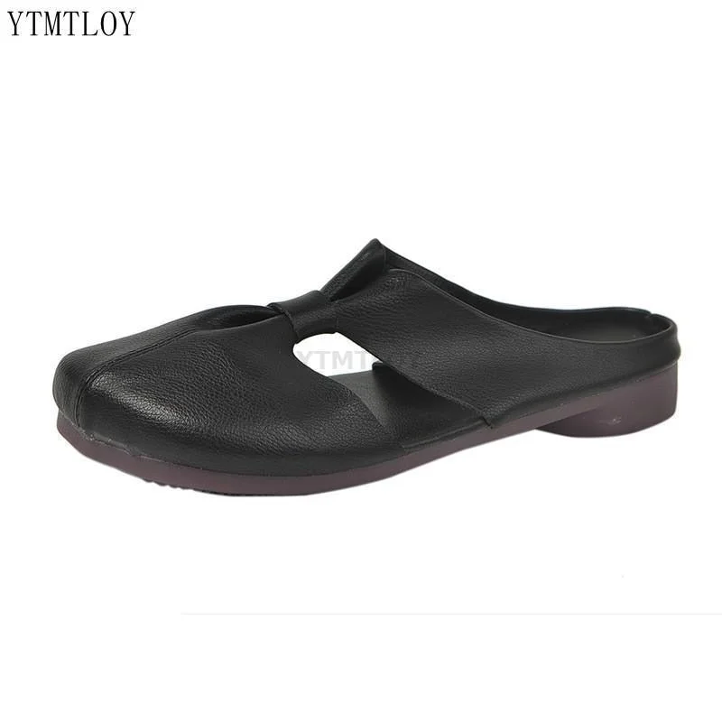 Women's Genuine Leather Pleated Flats Slides Round Toe Leisure Female Summer Mules Casual Ytmtloy House Slippers Zapato Mujer