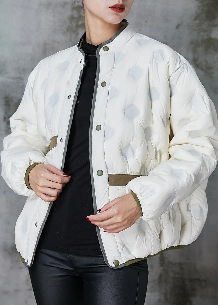 White Patchwork Duck Down Puffer Jacket Stand Collar Spring
