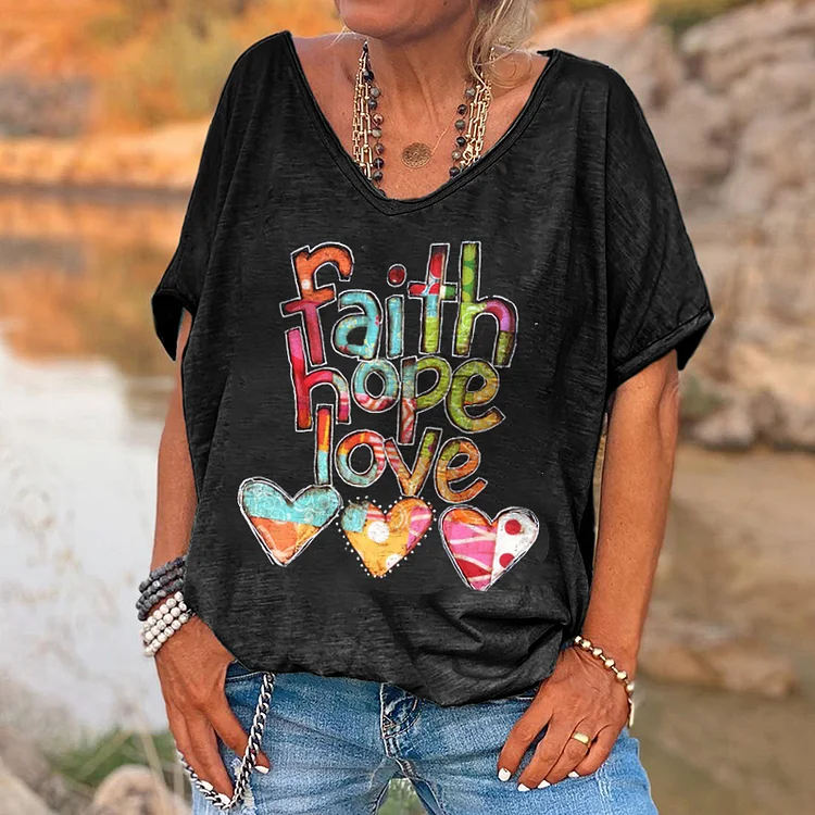 Faith Hope Love Printed V-neck T-shirt