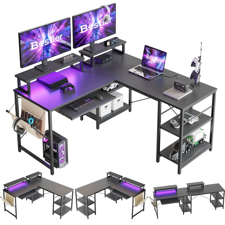Bestier L Shaped Corner Desk or 2 Person Long Table with Shelves Monitor Stand and Keyboard Tray