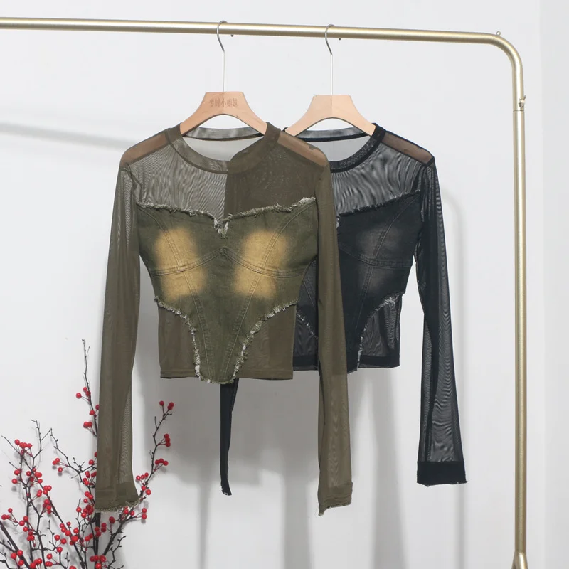 Uveng Real Shooting Hottie Water Wash Side Of The Cowboy Splicing Mesh Yarn Long Sleeve Blouse Short High-Waisted T-Shirt 1366