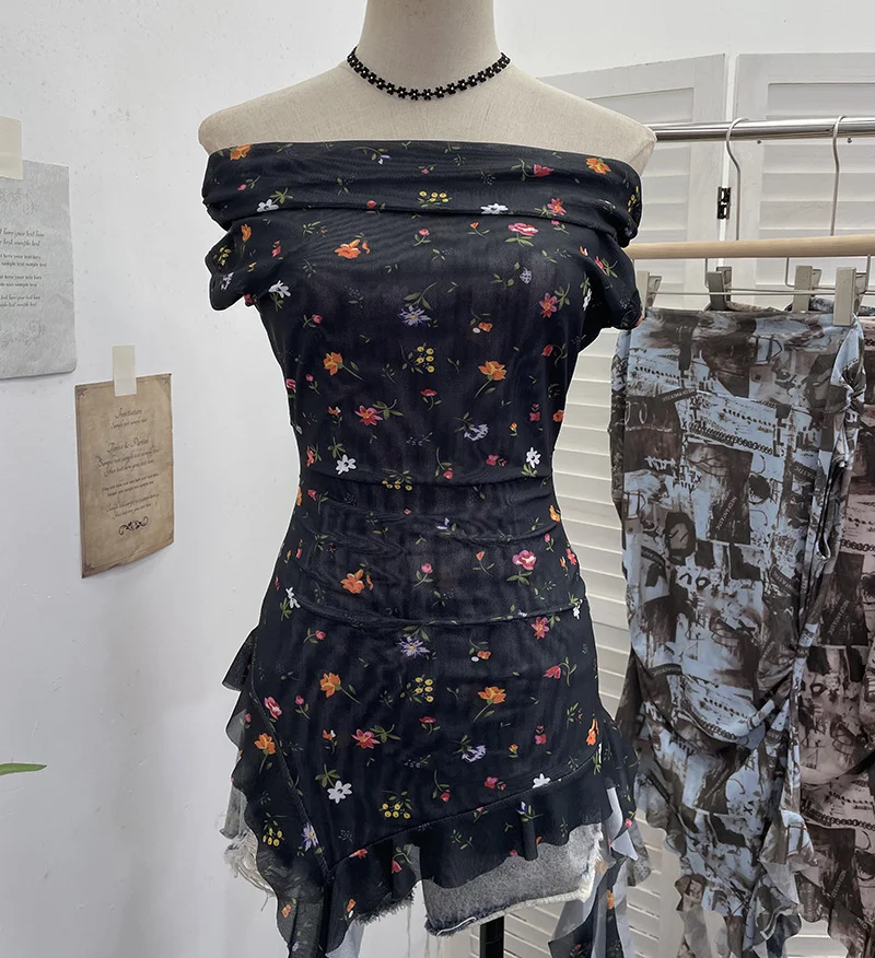 Nigikala Nigikala Shooting Holiday Wind Shoulder Folding Net Grums Flower Top Design Feeling Drift With Unique T-Shirt 1203