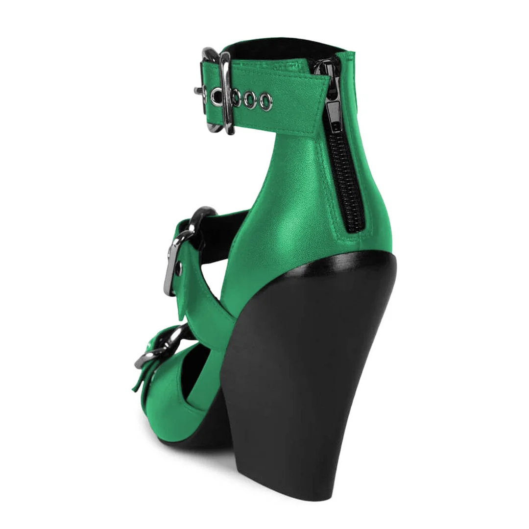 Green Chunky Heel Square Toe Grommets Strap Pumps Shoes with Buckle