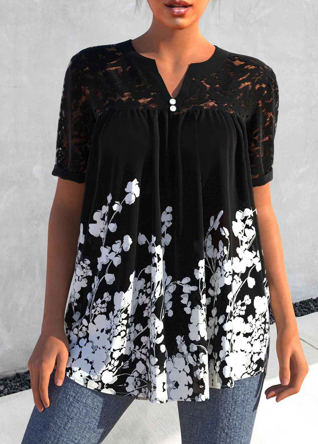 Lace Stitching Black Floral Print Blouse