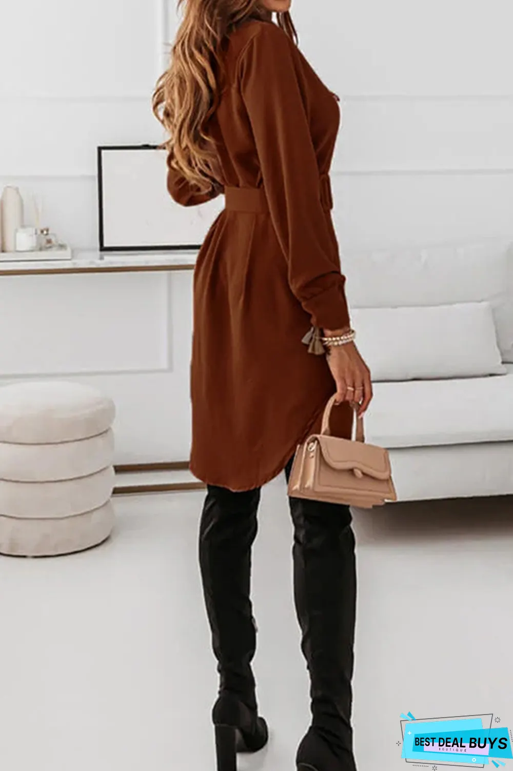 Casual Elegant Solid Buckle With Belt Turndown Collar Shirt Dress Dresses