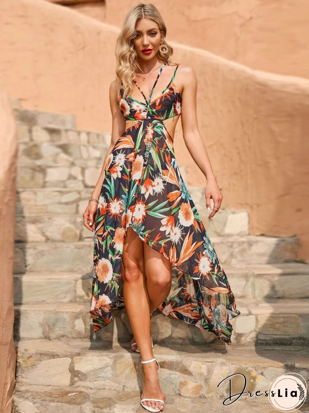 Summer Suspender V-neck Dress Fashion Backless Print Mid-waist Dress Bohemian Wind Holiday Beach Dress Dresses For Women