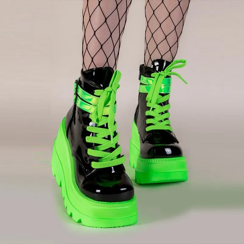 BONJOMARISA New Arrivals Brand Designer Platform Wedges Lace Up women's Boots Cool Street Punk Goth Fluorescent Treny Shoes Lady