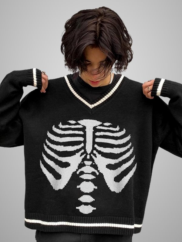 Gothic Skull V Neck Loose Long Sleeve Sweater