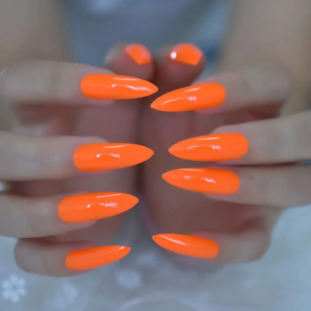 Neon Fake Nails Extremely Long Bright Orange Shiny Press On Nail Carnival Style Decoraion Manicure Tips Salon Nails 24-Nail Inspo