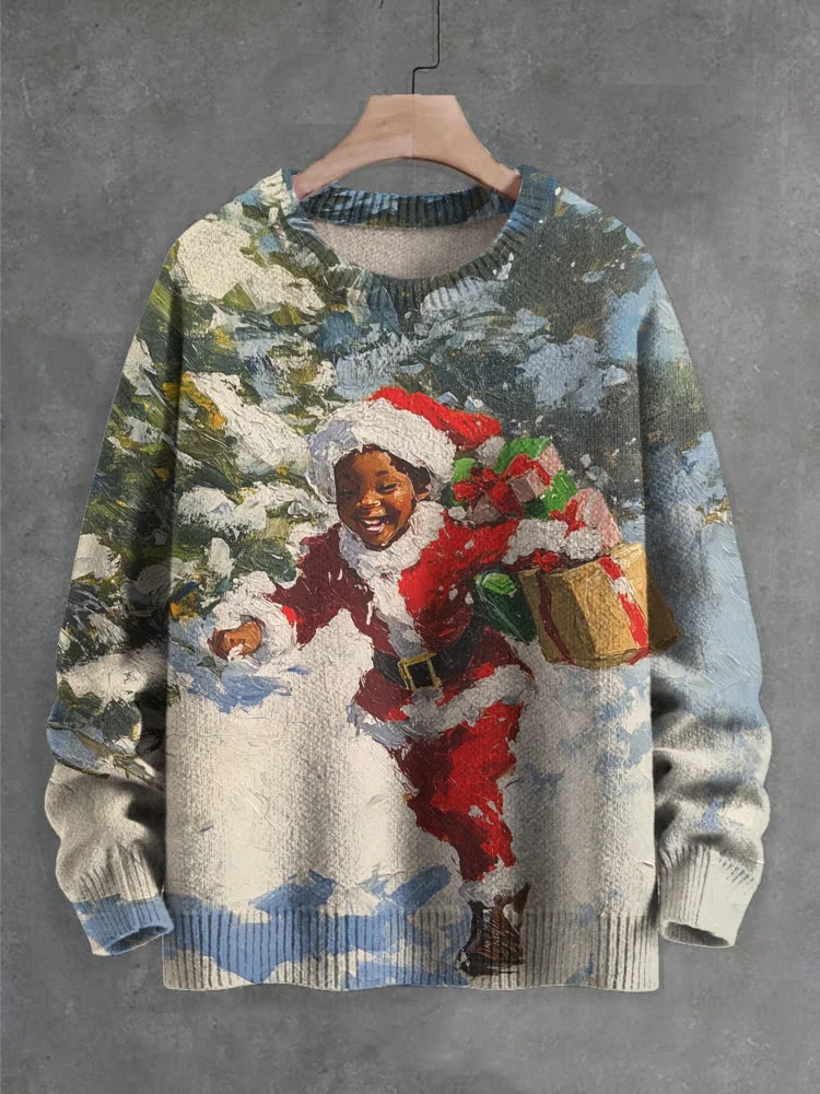 Men's Oil Painting Art Black Boy in Christmas Outfit Print Knit Sweatshirt
