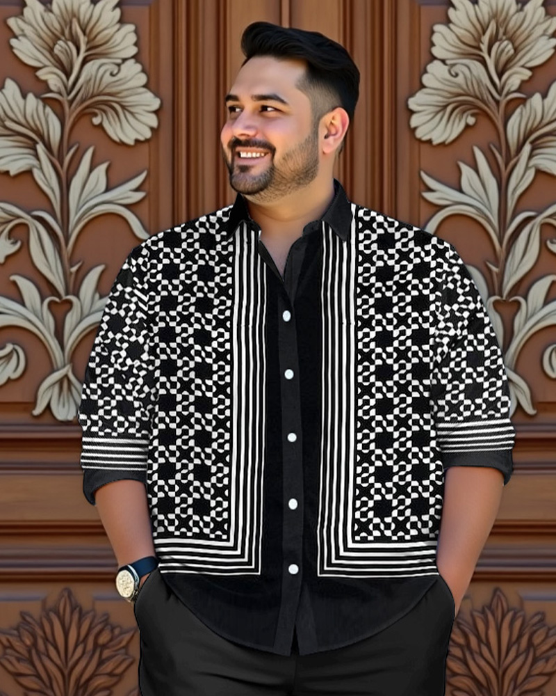 Men's Plus Size Luxury Classic Geometric Baroque Print Long Sleeve Shirt Trousers Suit