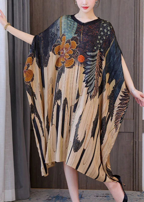 Modern Oversized Print Silk Holiday Dress Batwing Sleeve