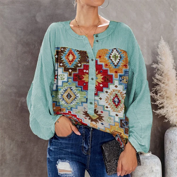 Women's Shirt Round Neck Shirt Button Retro Rrinting Long-sleeved