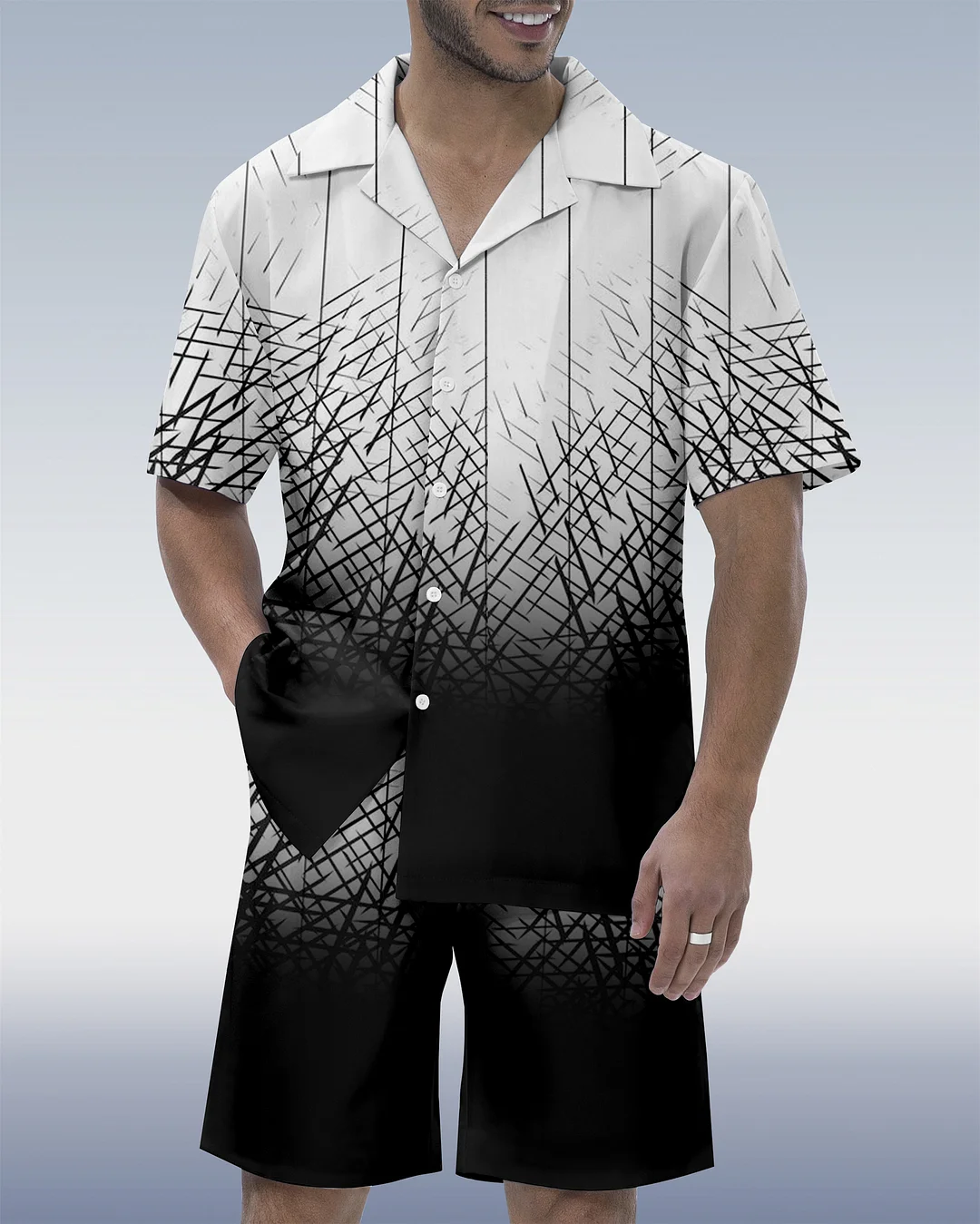 Men's Colorblock Geometric Hawaiian Cuban Collar Short Sleeve Shirt Set 04