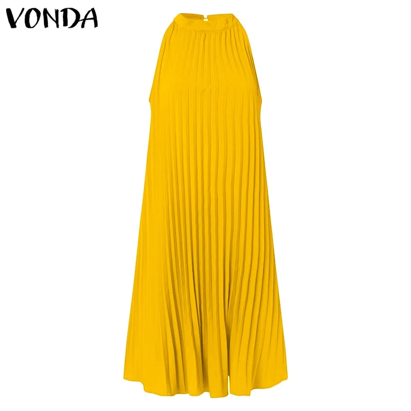 Elegant Satin Slik Dress Women Sexy Sleeveless Stand Collar Evening Party Long Dresses 2022 VONDA  Beach Sundress Casual Vestido