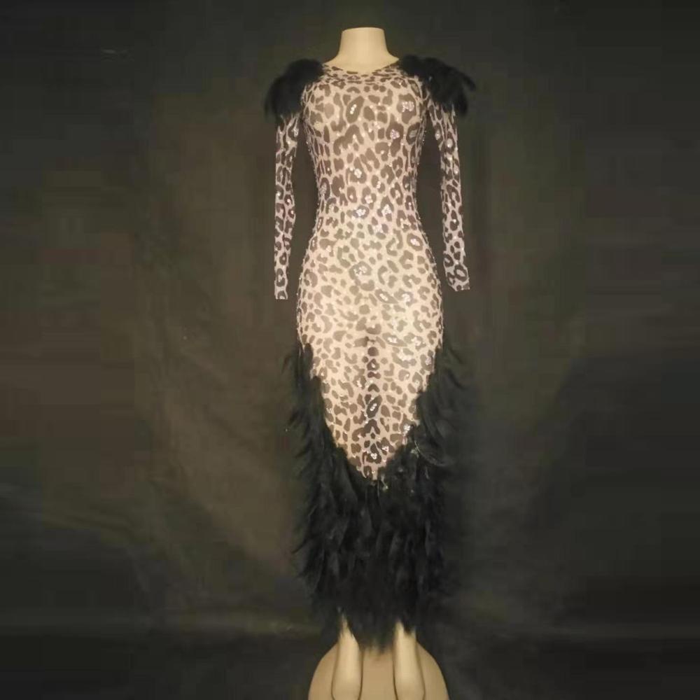 GOOSHOE Rhinestones Feather Black Dress Costume Dress