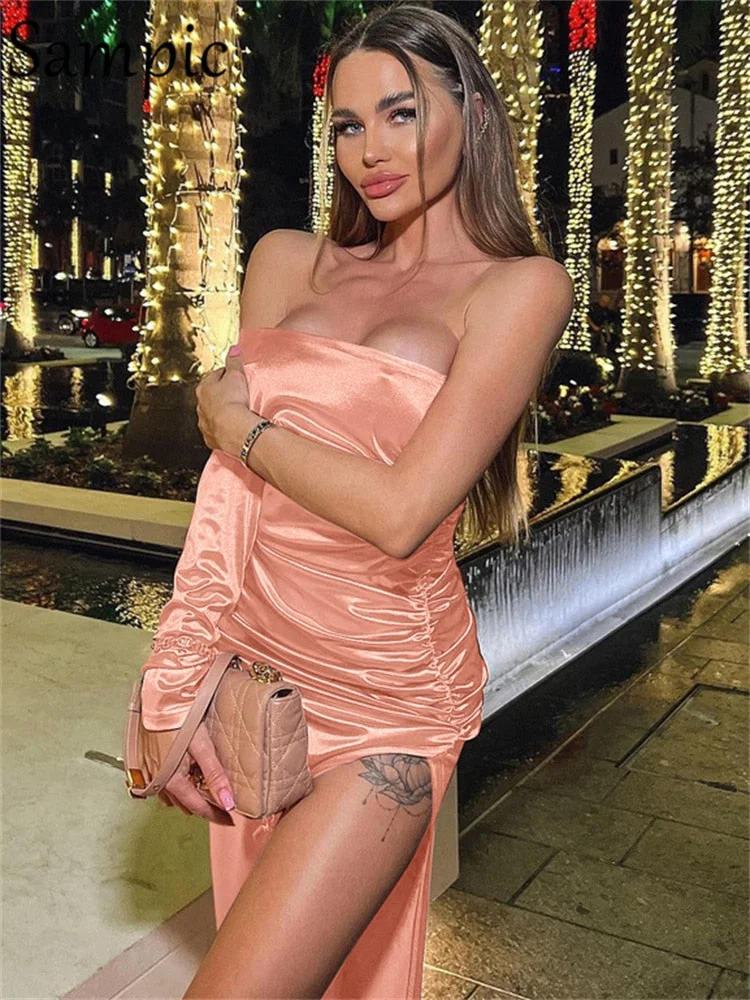 Sampic 2022 One Shoulder Long Satin Dress Sexy Party Fashion Elegant Evening Night Club Bodycon Long Sleeve Women Dress