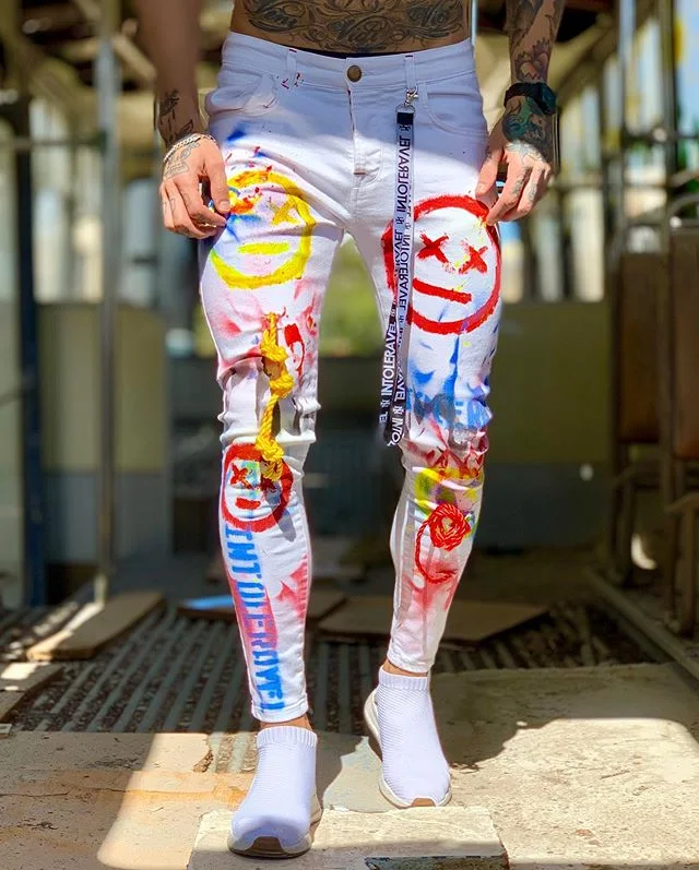 Street fashion graffiti style smiley face dyed trousers-barclient