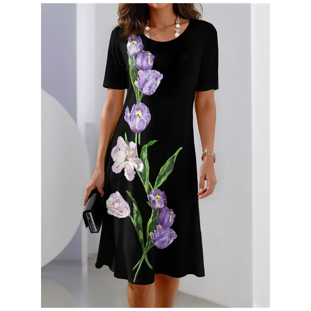 Spontork outfit ideas Fashions Short Sleeve Dress Summer Woman Clothing A-Line Skirt Elegant Party Evening Dress Colour Clash Prints Pullover Dresses