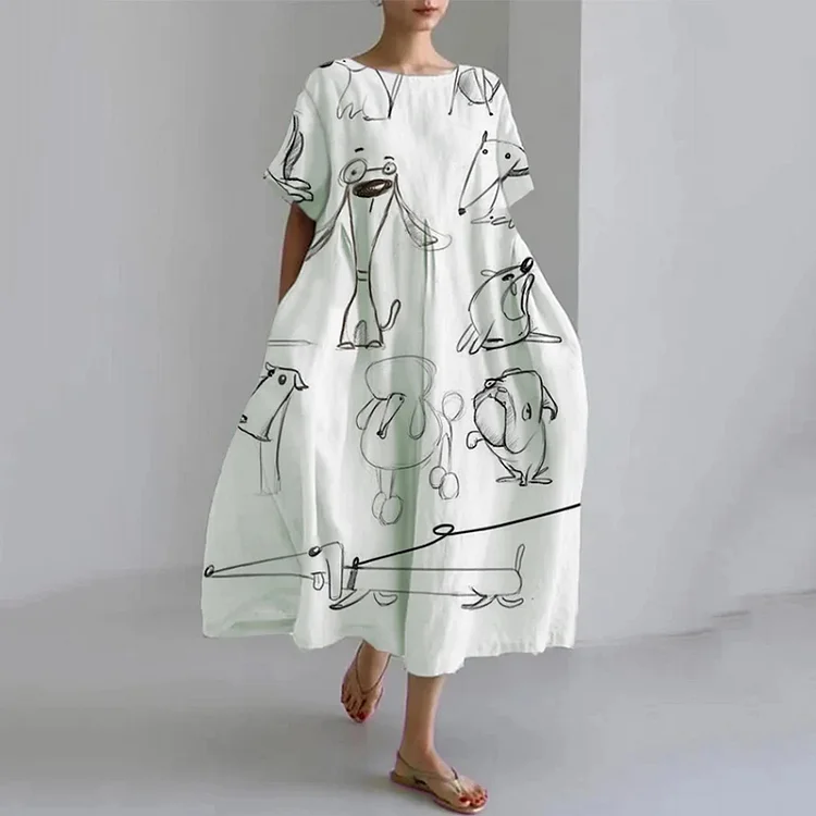 Women's Sketch Dogs Print Loose Midi Dress