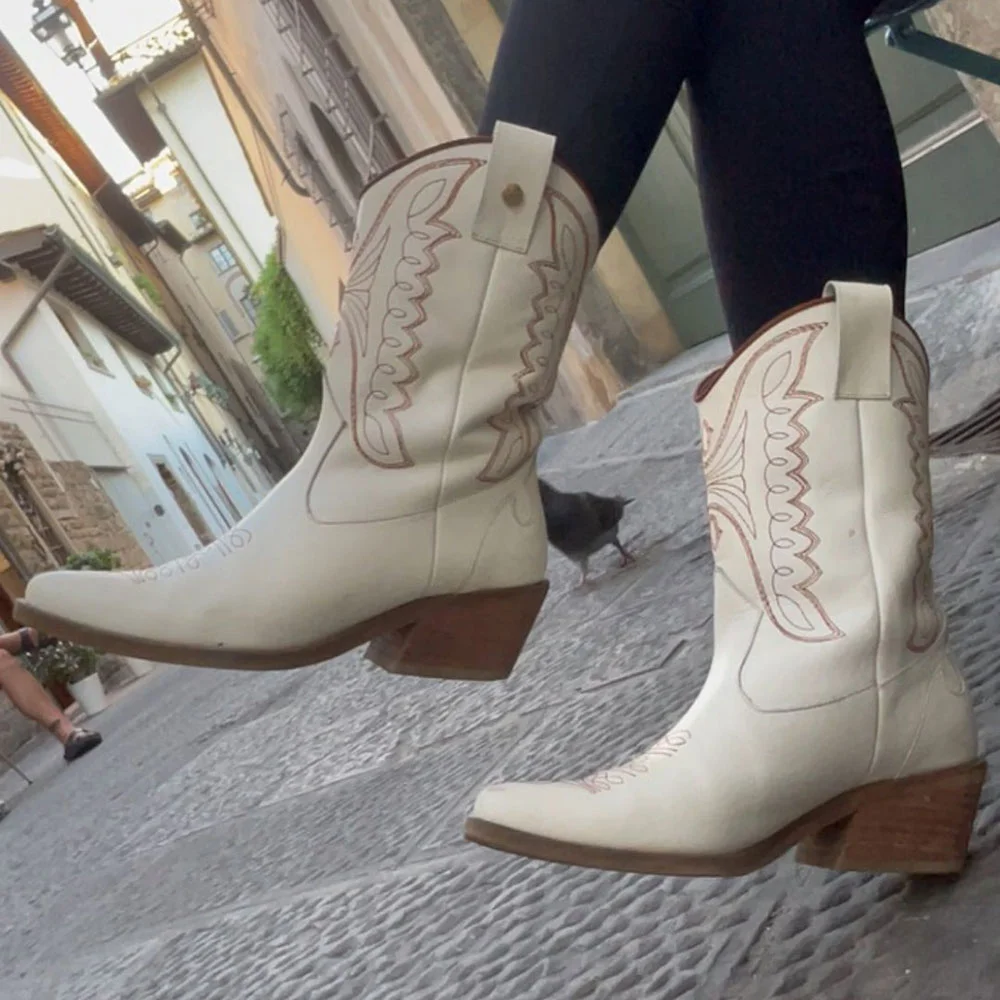 Beige Snip Toe Embroidered Chunky Heel Western Ankle Boots