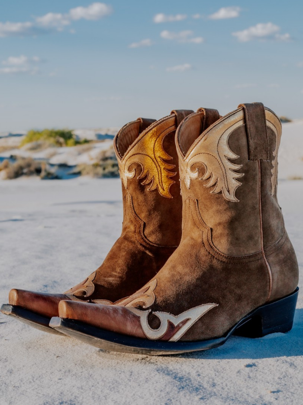 Taafo Brown Faux Suede Snip-Toe Metallic Gold Applique Wide Mid Calf Cowgirl Boots
