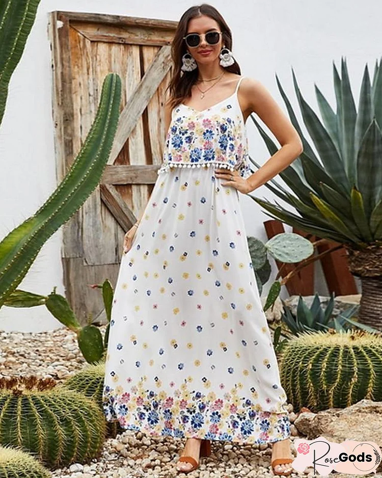 Women's Strap Dress Maxi Long Dress Sleeveless Floral Summer Elegant White Dresses