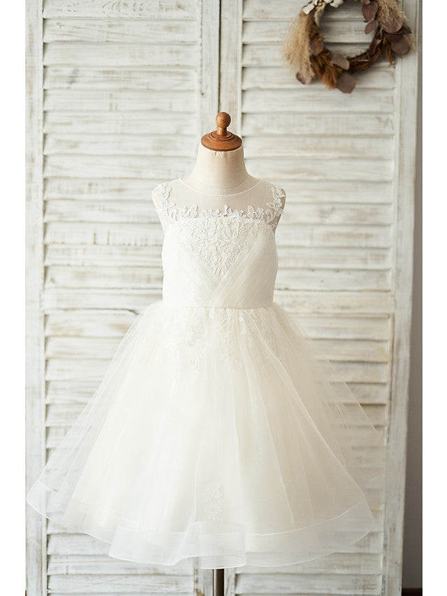 Oknass Ball Gown Knee Length Sleeveless Jewel Neck Flower Girl Dress Lace  Tulle  With Buttons  Appliques