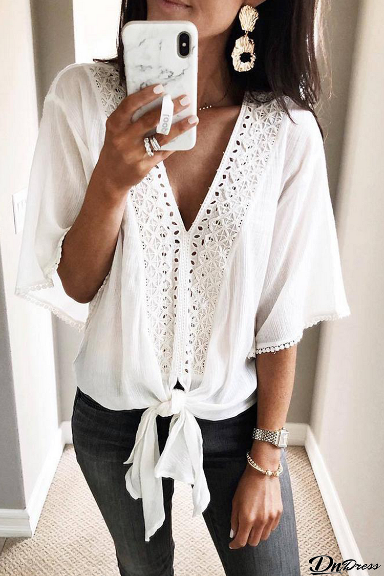 V Neck Knot Embroidery Bell Sleeve Blouse