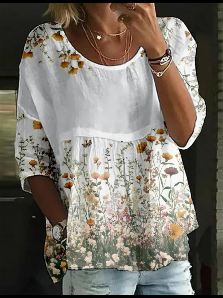 Women's T-Shirt Loose Printed Round Neck Mid Sleeve Pleated Top