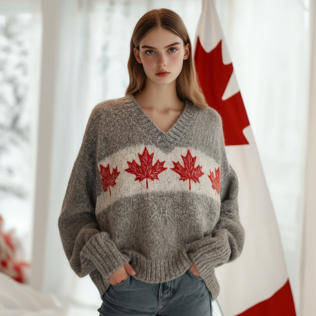 Comstylish Classic Canada Maple Leaf Pattern V Neck Cozy Sweater